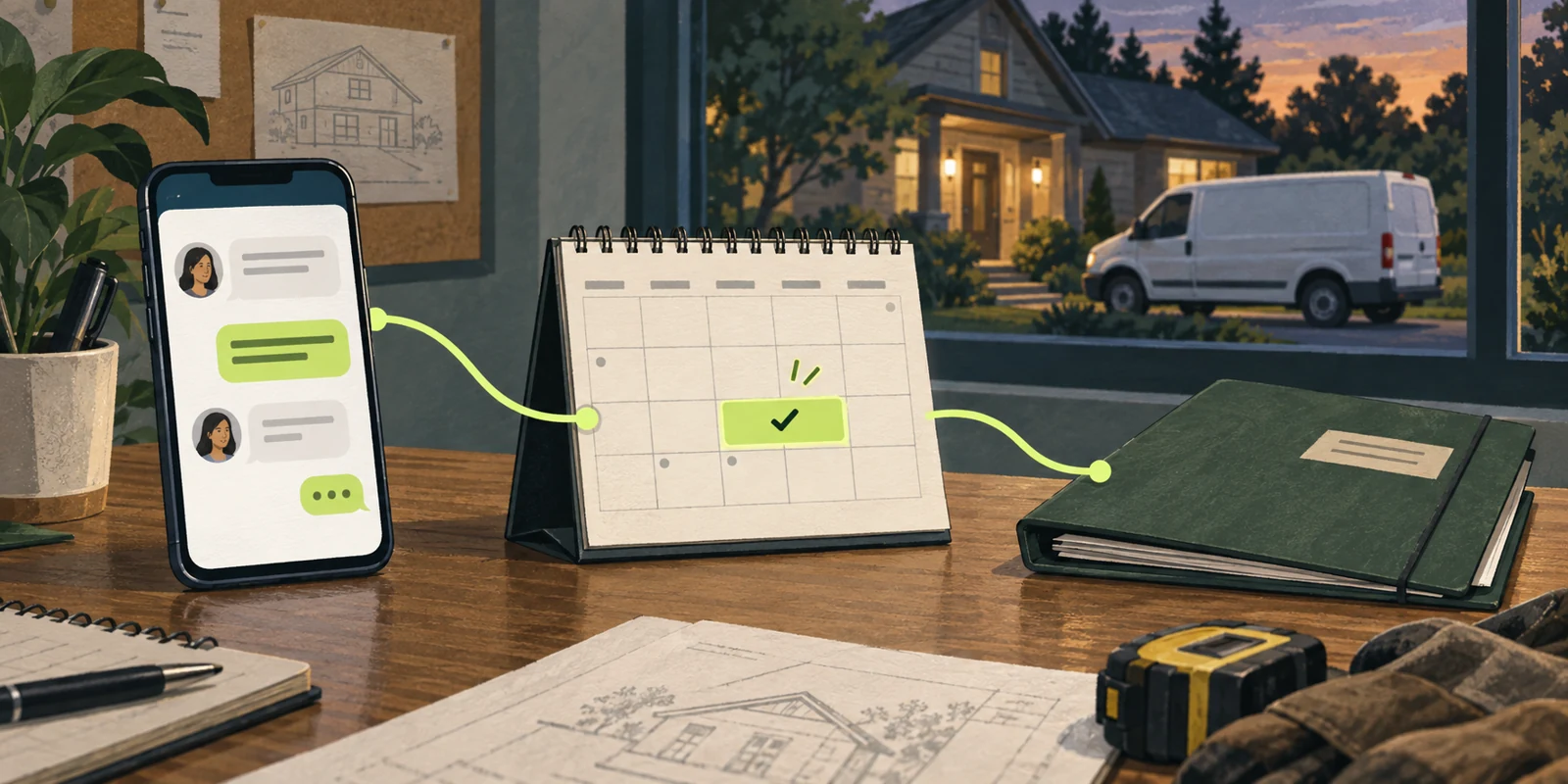 Editorial illustration of a customer conversation linked to a confirmed calendar appointment and an estimate folder.