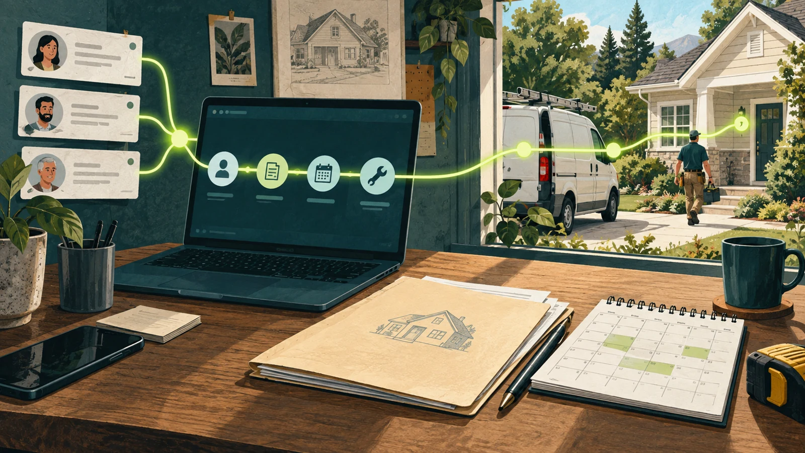 Editorial illustration connecting customer inquiries, an estimate and a schedule to a contractor arriving at a home.